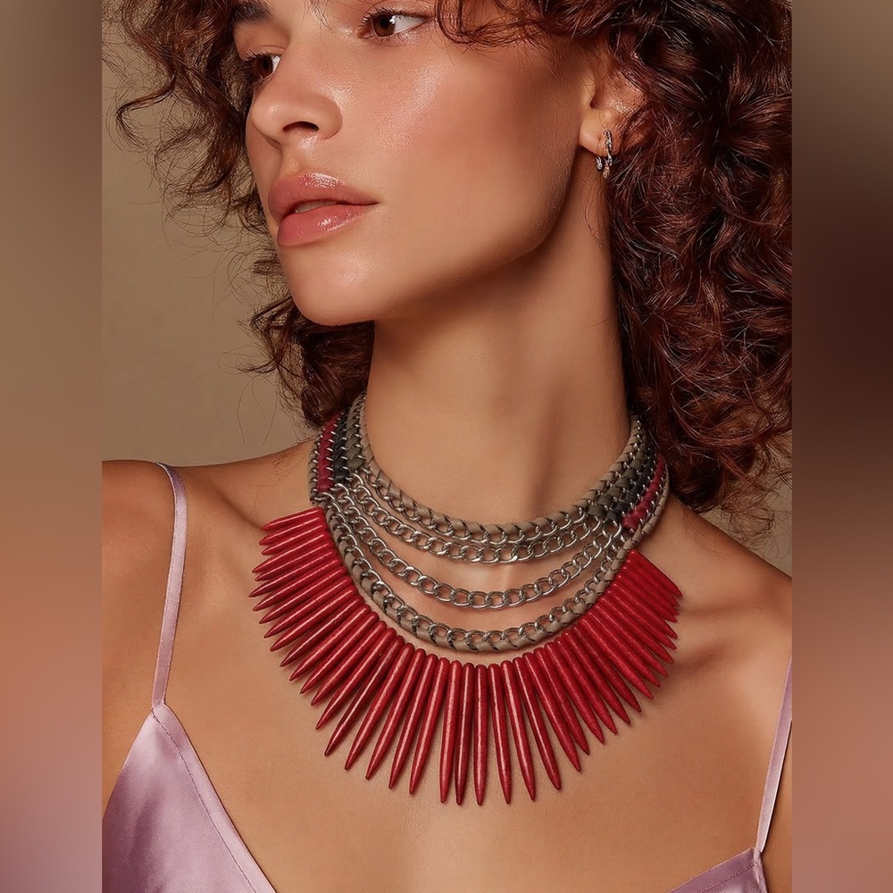 Sara Designs NY Red Spike & Woven Leather Statement Necklace - 24”